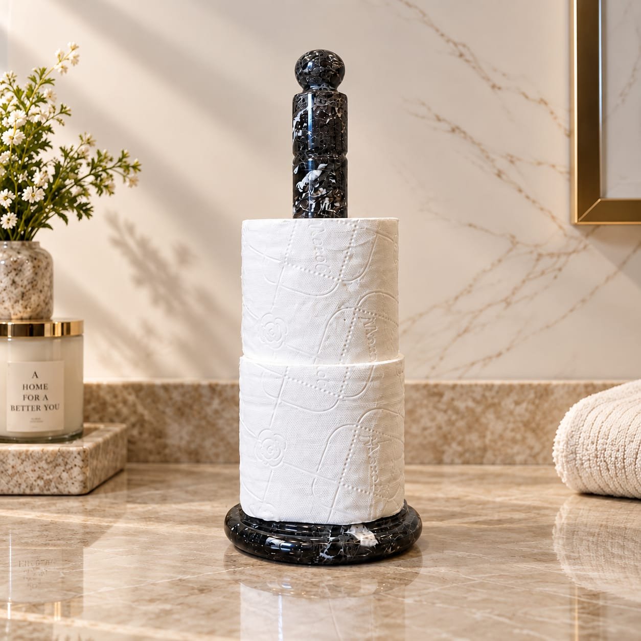 Kitchen Roll Holder Black Zebra Stone